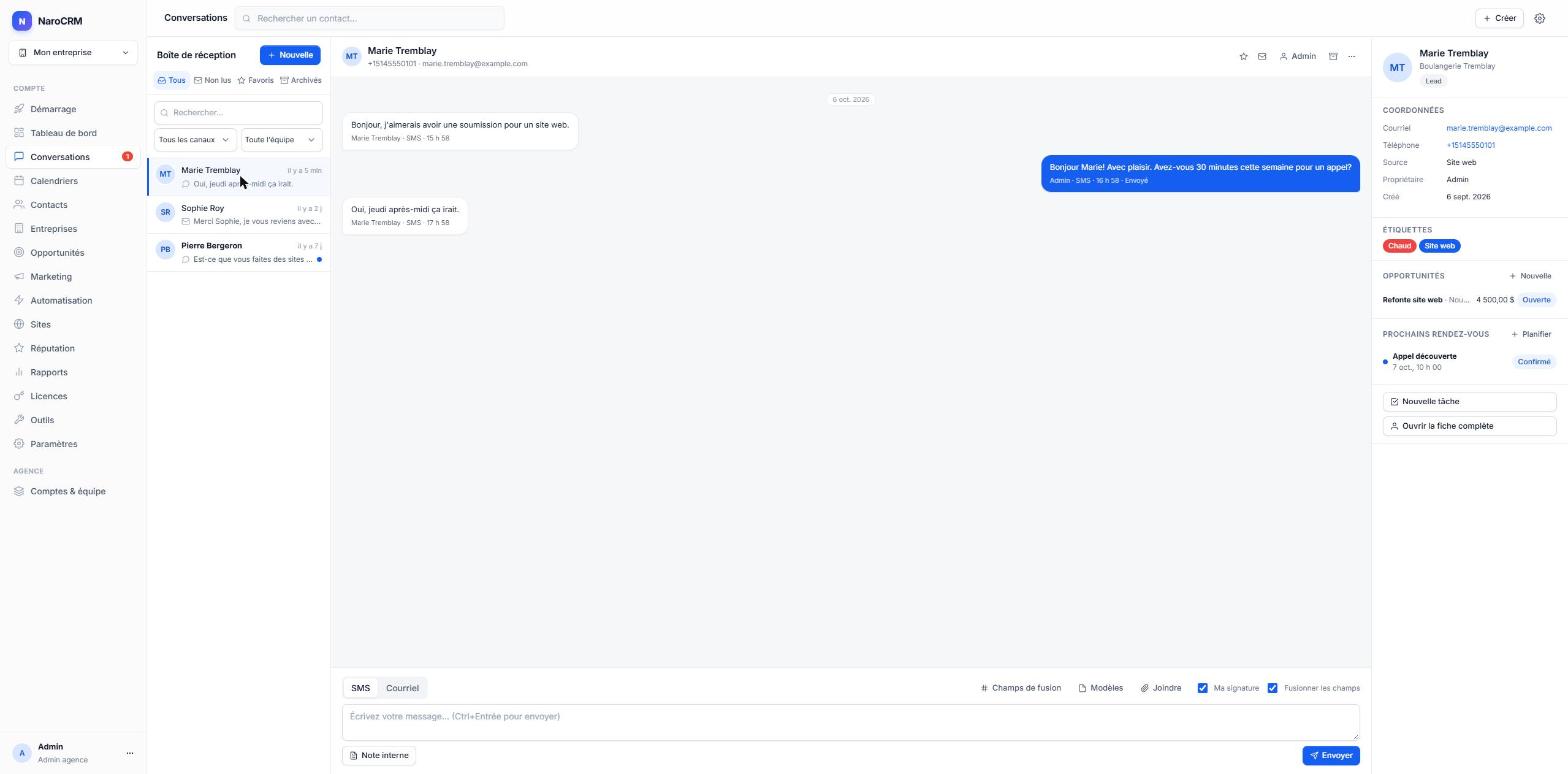 Conversation par SMS avec un contact dans NaroCRM, fiche du contact, opportunité et rendez-vous à droite (données fictives)